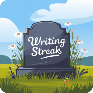 Writing Streak logo showing a gravestone with white text against a blue sky with daisies